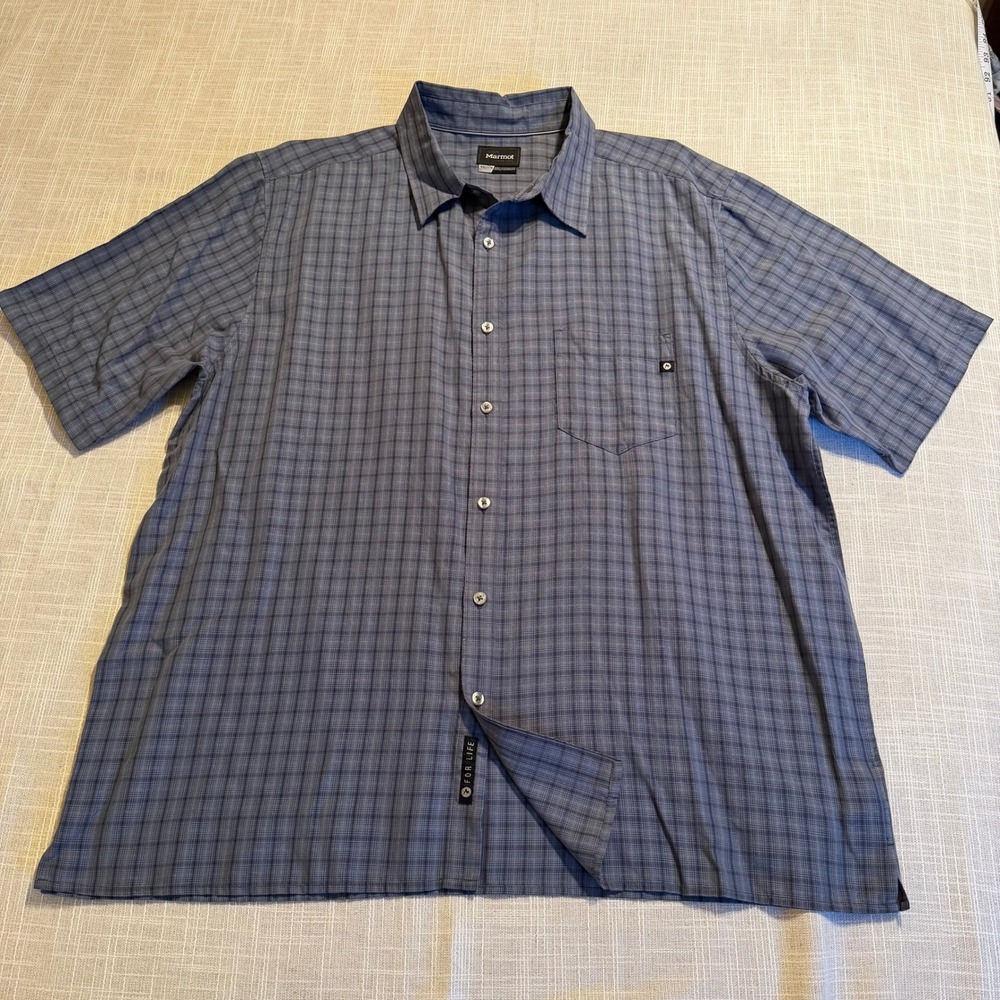 Marmot Mens XXL Blue Plaid Short Sleeve Button Down Hiking Shirt SCC-85
